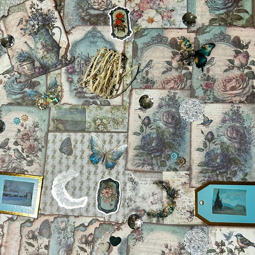 Turquoise birds theme junk journal ephemera kit. Scrapbook.